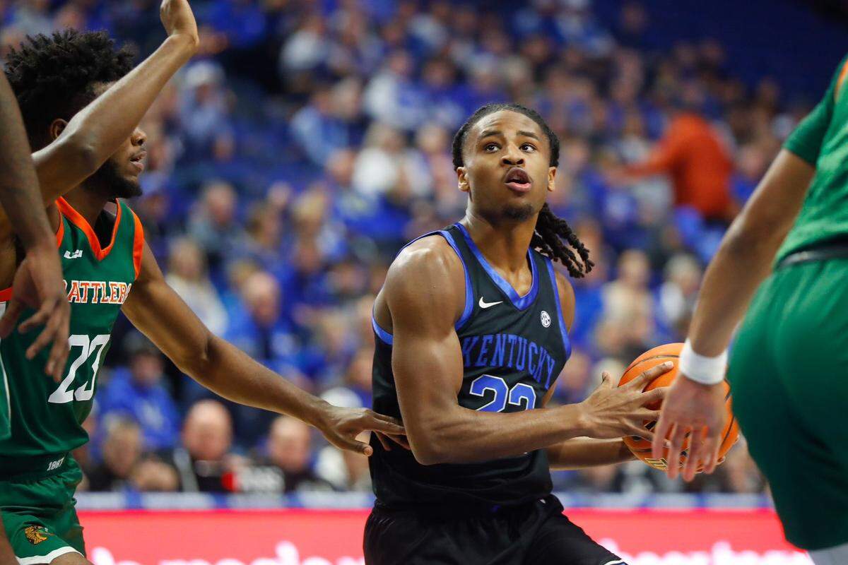 Kentucky’s Cason Wallace (22) competes against Florida A&M on Wednesday, Dec. 21, 2022, at Rupp Arena in Lexington, Ky.