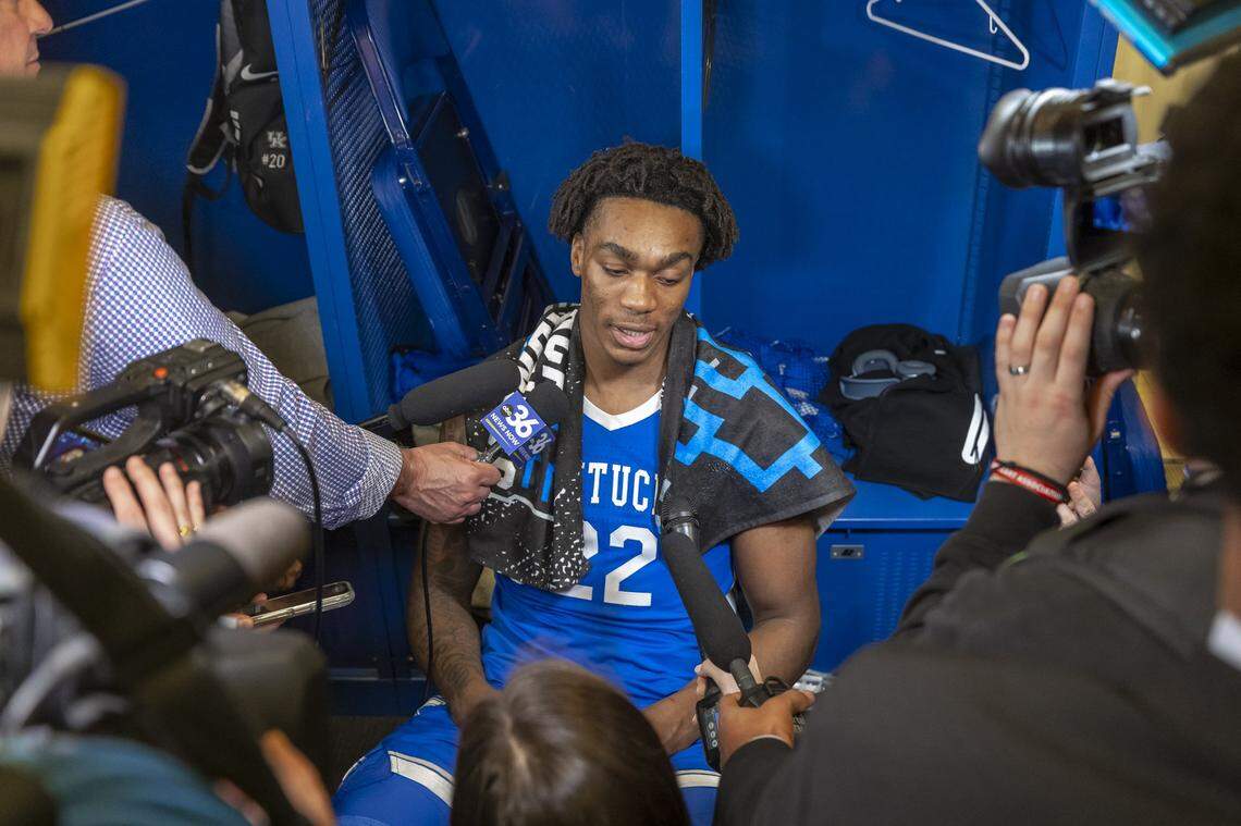 Kentucky center Amari Williams talks to reporters following Friday’s loss to Tennessee during a Sweet 16 game at Lucas Oil Stadium in Indianapolis.