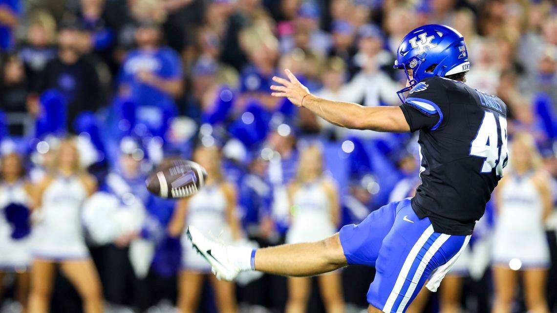 Kentucky punter Aidan Laros (48) pinned Auburn inside its 20-yard line on all six of his kicks in UK’s 10-3 win last week.