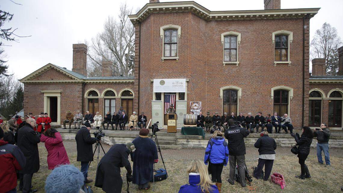 Kentucky distillers gathered Monday at Ashland, the Henry Clay Estate, to pour various brands of bourbon into a barrel, toast the spirit of compromise, and send the barrel to Washington, where Senate Majority Leader Mitch McConnell plans to share it's contents during a party at the Willard Hotel.
