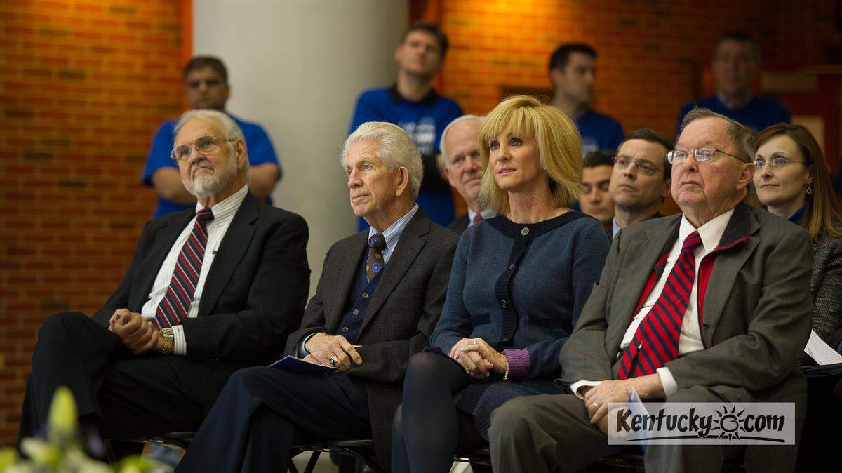 Bill Seale, left, Don Jacobs, Cathy Jacobs and C.M. "Bill" Gatton attended the fund-raising announcement for the University of Kentucky Gatton College of Business and Economics Friday, March 1, 2013.  The three were among four donors who contributed a combined $23 million of the $34 million in private funds already raised for the $65 million expansion and renovation of the college. Photo by Shaun Ring for UK