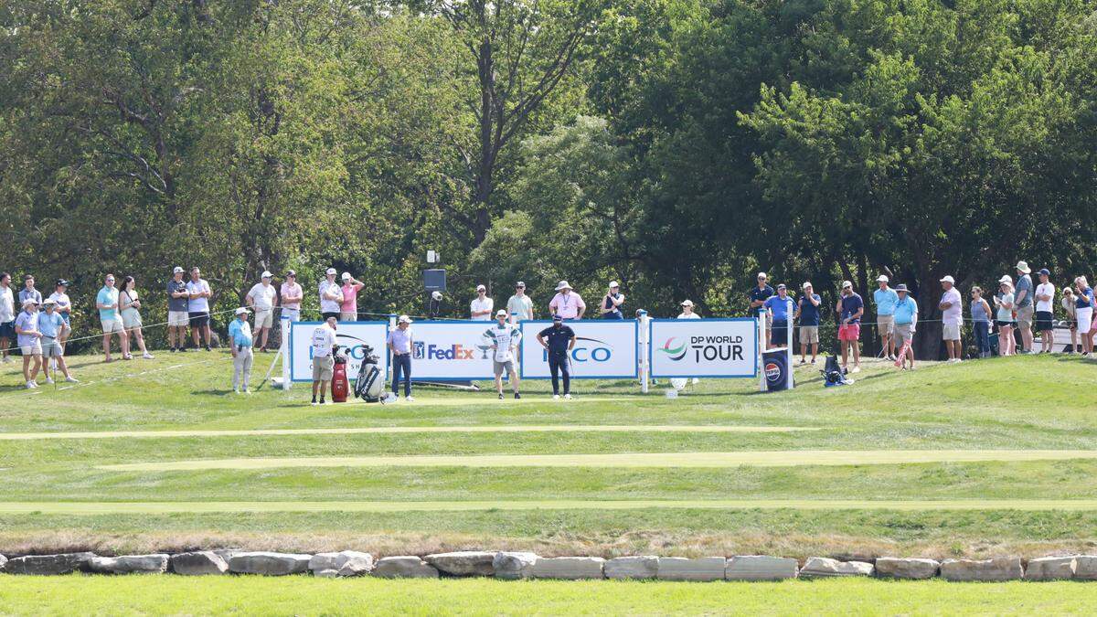 Chad Ramey reacts after hitting his tee shot on the 9th hole during the third round of the 2024 ISCO Championship at Champions at Keene Trace Golf Club in Nicholasville, Ky., on Saturday, July 13, 2024.