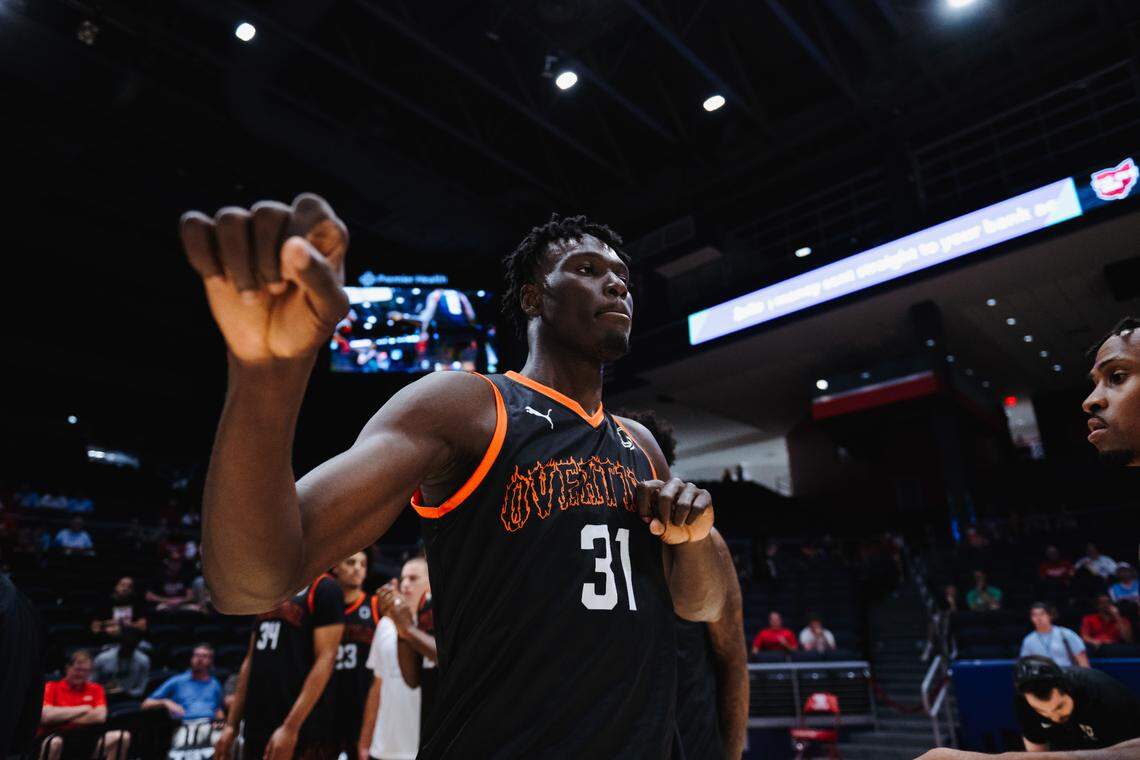 Class of 2024 Kentucky commit Somto Cyril is introduced before playing for Team Overtime in the 2023 edition of The Basketball Tournament in Dayton, Ohio, in July. Cyril is UK’s first, and so far only, commitment in the 2024 recruiting class.
