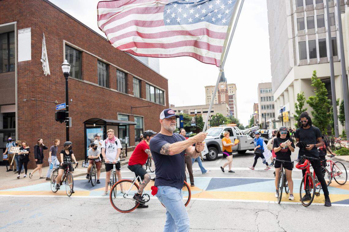 Thousands of demonstrators gathered during the ‘No Kings’ march and protest at Metro Hall in downtown Louisville, Kentucky, Saturday, June 14, 2025. ‘No Kings’ rallies organized across the United States in direct response to President Donald Trump’s military parade in Washington D.C.