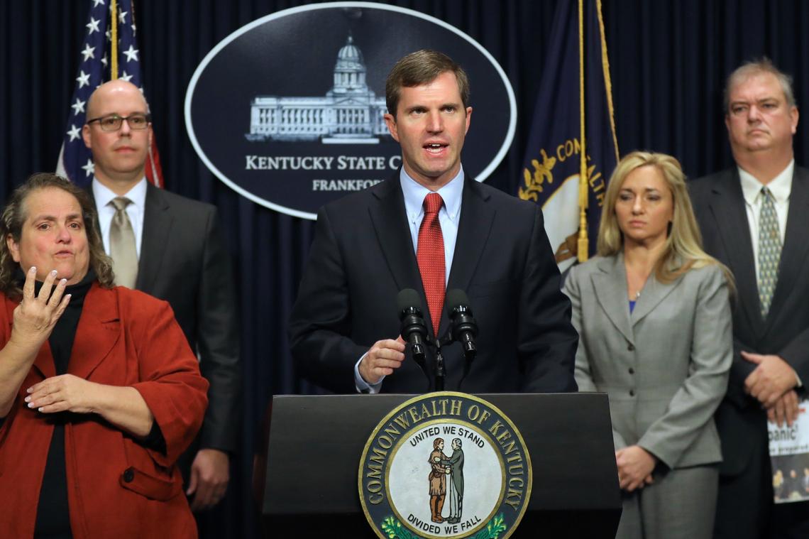 Kentucky Gov. Andy Beshear speaks during a media conference at the state Capitol in Frankfort, Ky., to provide an update about the Coronavirus on Monday, March 9, 2020.