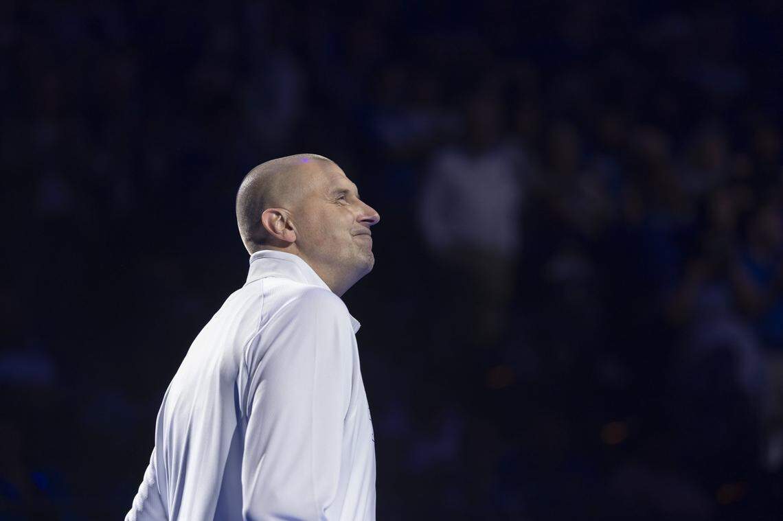 Mark Pope looks into the Rupp Arena crowd during his first Big Blue Madness as head coach of the Kentucky Wildcats.