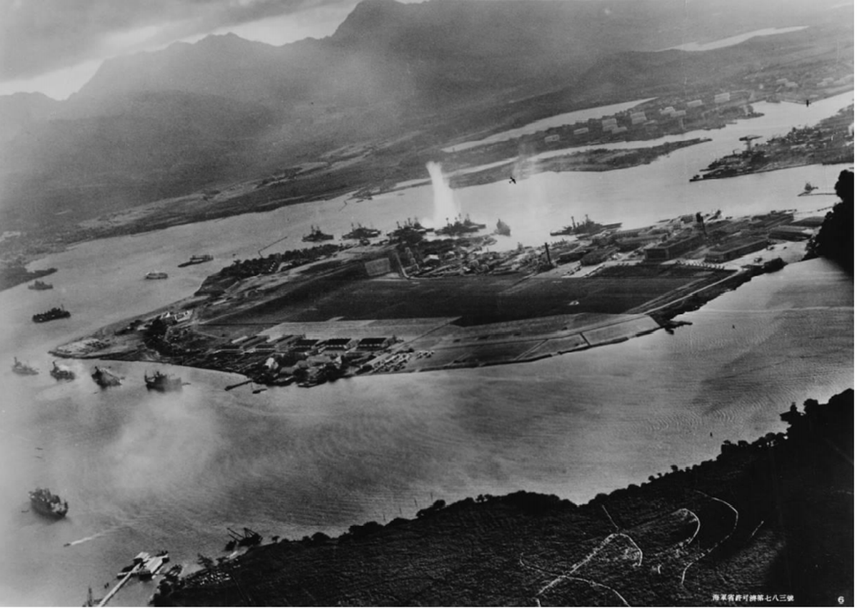 This photo taken during the attack on Pearl Harbor on Dec. 7, 1941 shows torpedo hits on battleships.