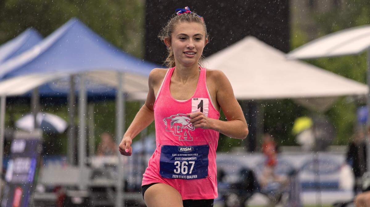 Lexington Christian's Kennedy Moughamian (#367) crosses the finish line in the girls' 3200-meter run during the KHSAA Class A State Track and Field Championships at the University of Kentucky Outdoor Track and Field Complex in Lexington on Thursday, May 21, 2026.