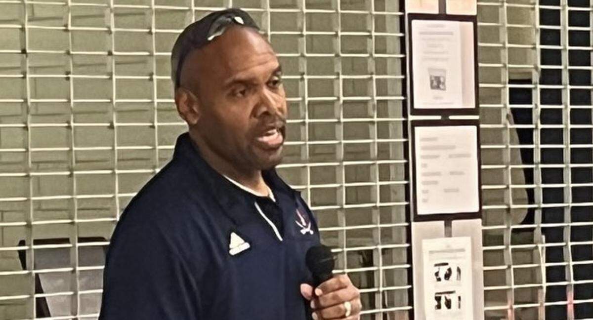 Jon Lawson, the newly announced interim head football coach at Lafayette High School, talked with players and families at the school earlier this year. Lawson, who’s also an associate athletics director at the school, has held a number of coaching positions there over many years.