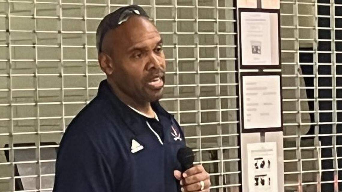 Jon Lawson, the newly announced interim head football coach at Lafayette High School, talked with players and families Wednesday at the school. Lawson, who’s also an associated athletic director at the school, has held a number of coaching positions there over many years.