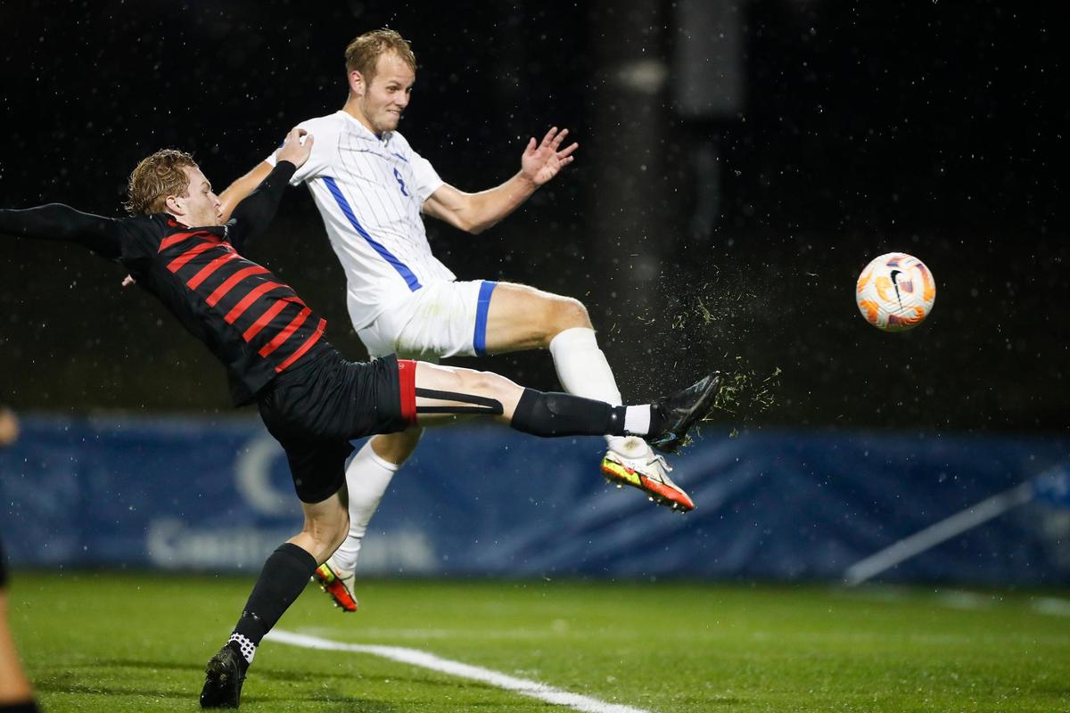 Kentucky forward Eythor Bjorgolfsson, right, tries to score against Dayton during Wednesday’s match at the Bell Soccer Complex.