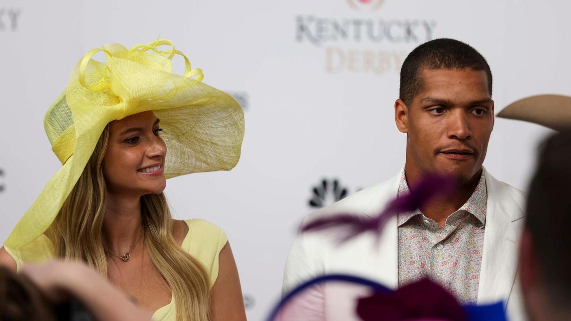 Content creator Allison Kucharczyk and former NFL player Isaac Rochell speak to media at the Kentucky Derby Red Carpet on Saturday, May 3, 2025, at Churchill Downs in Louisville, Kentucky.