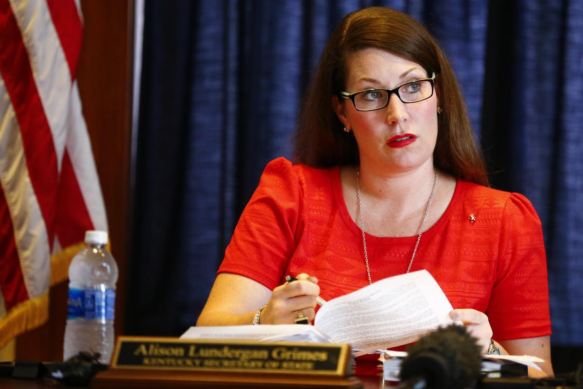 Kentucky Secretary of State Alison Lundergan Grimes during a special meeting of the State Board of Elections at the Kentucky State Capitol in Frankfort.