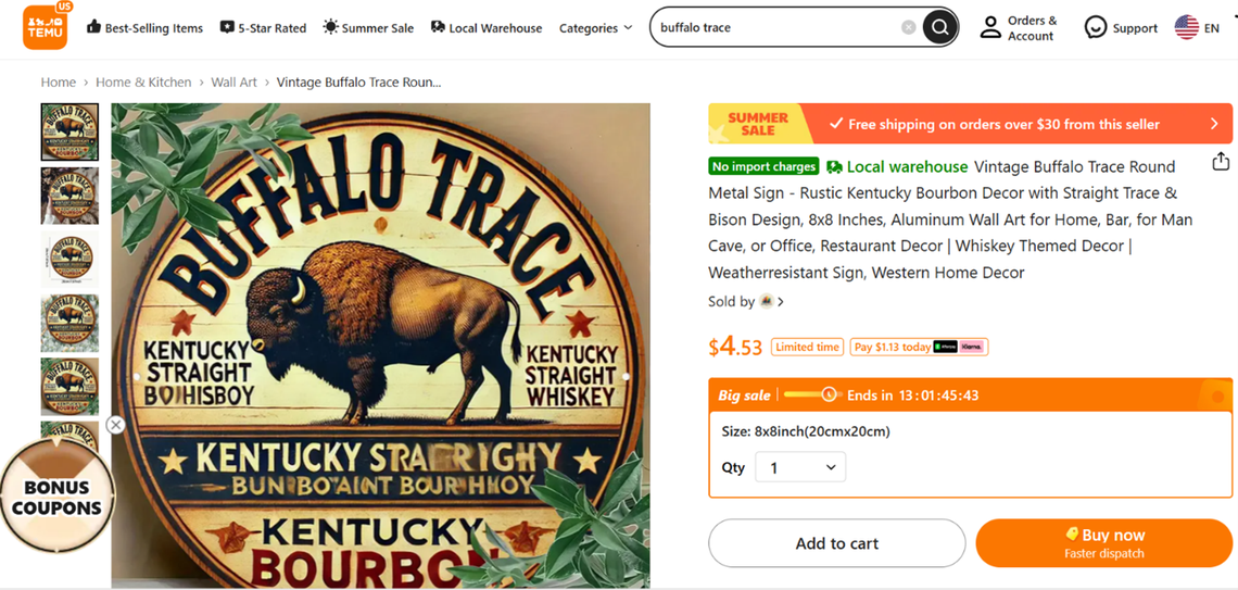 An example from the Kentucky Attorney General’s complaint against Temu is this “Vintage Buffalo Trace” sign that appears to tout “Kentucky Straight Boihisboy” and is clearly not real.