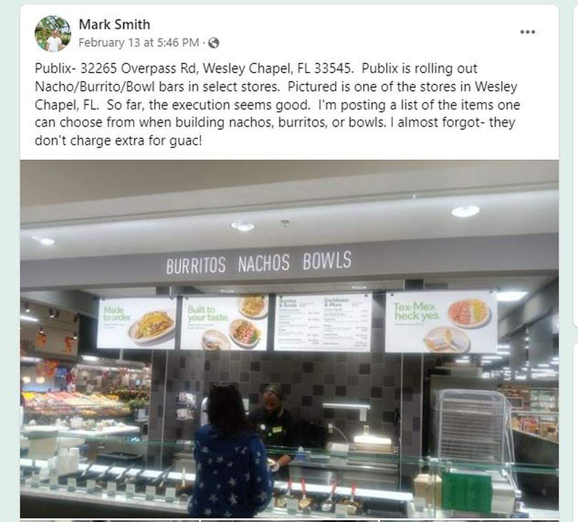 Screen shot of the public Facebook group, Retail Dead or Alive. The Feb. 13, 2024, post examines Publix’s new burrito/nacho bars at select stores.