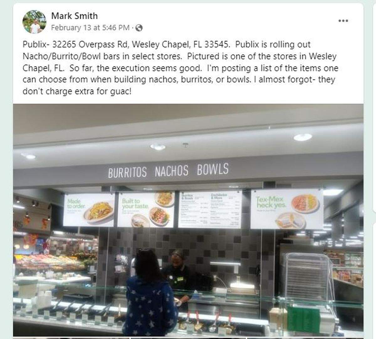 Screen shot of the public Facebook group, Retail Dead or Alive. The Feb. 13, 2024, post examines Publix’s new burrito/nacho bars at select stores.