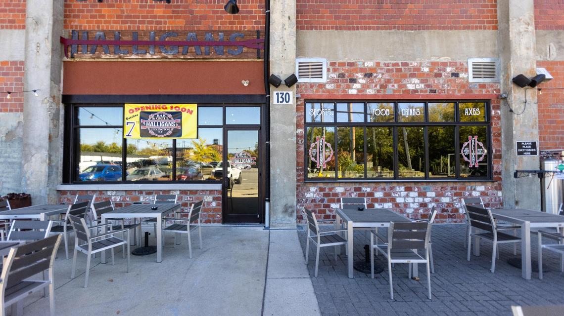 The outside patio at Halligans pub at the Distillery District. It is in the former location of Rickhouse Pub on the Pepper Campus
