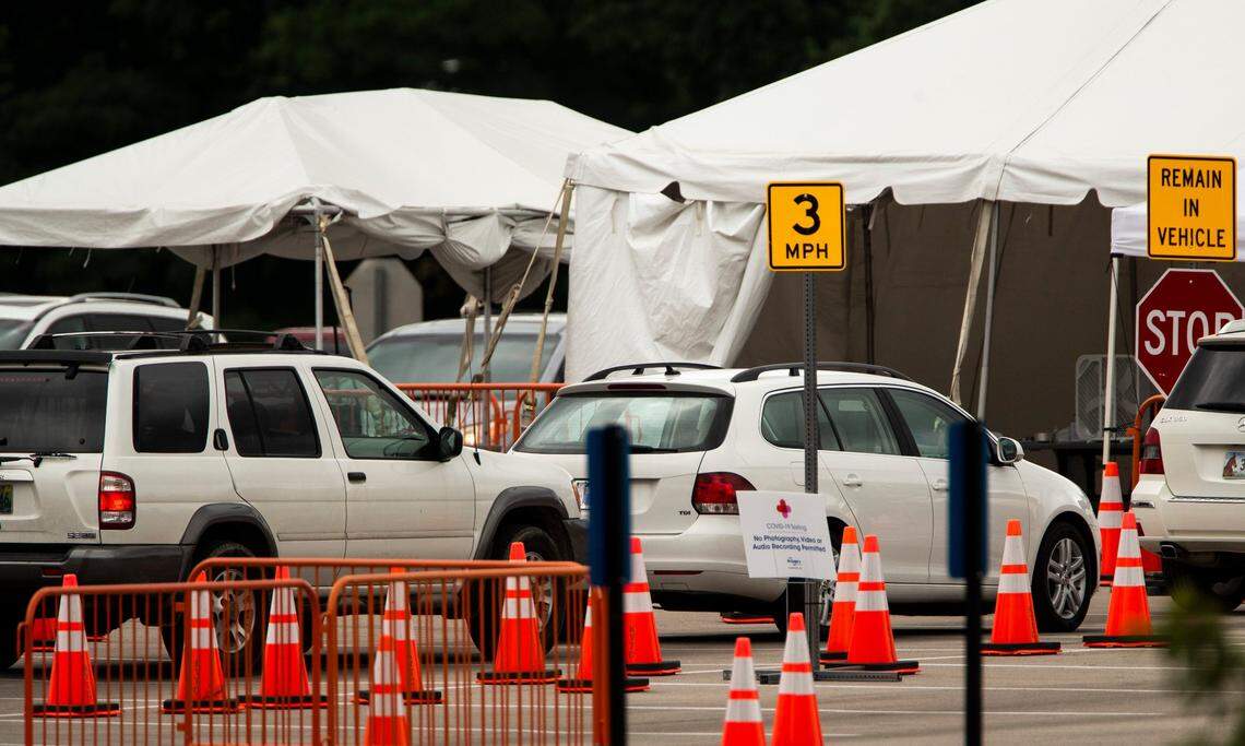 Cars line up July 15 at the COVID-19 testing site at Bluegrass Community & Technical College on Newtown Pike. In July, Kentuckians were tested the most of any month during the pandemic.
