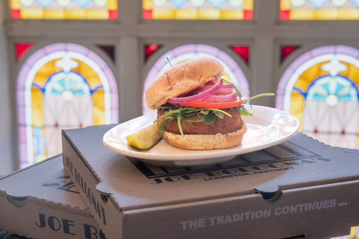 Hamburger Mediterraneo from Joe Bologna’s, a crispy eggplant burger with spicy yogurt sauce.