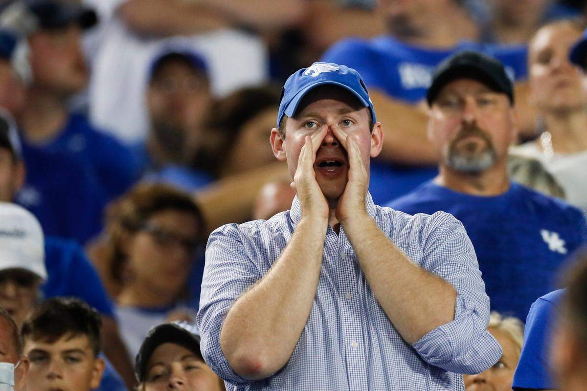Tucker Baker cheers on the Kentucky Wildcats while they face the Miami (Ohio) Redhawks during the game at Kroger Field in Lexington, Ky., Saturday, September 3, 2022.