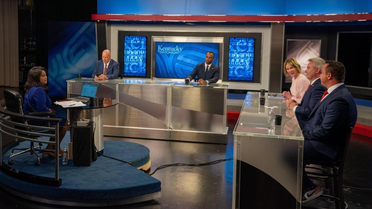 Eric Deters , Daniel Cameron, Kelly Craft, Ryan Quarles, Alan Keck at the Governor (Republican) debate at KET on Monday May 1, 2023 in Lexington, Ky.