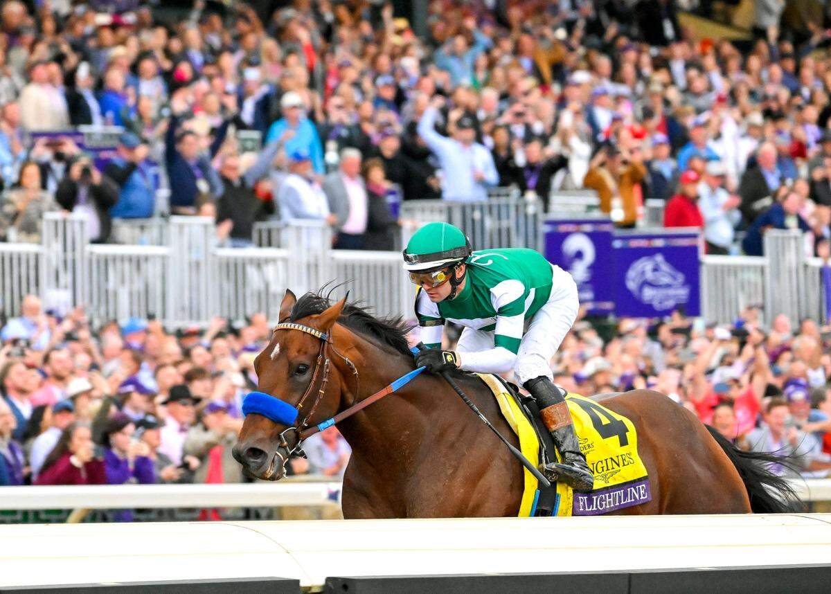 Flightline completed an undefeated career by winning the Breeders’ Cup Classic at Keeneland in 2022.