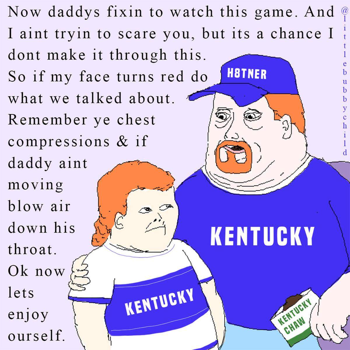A cartoon created by Eastern Kentucky based artist Kenneth Pergram from his popular internet meme pages, Little Bubby Child.
