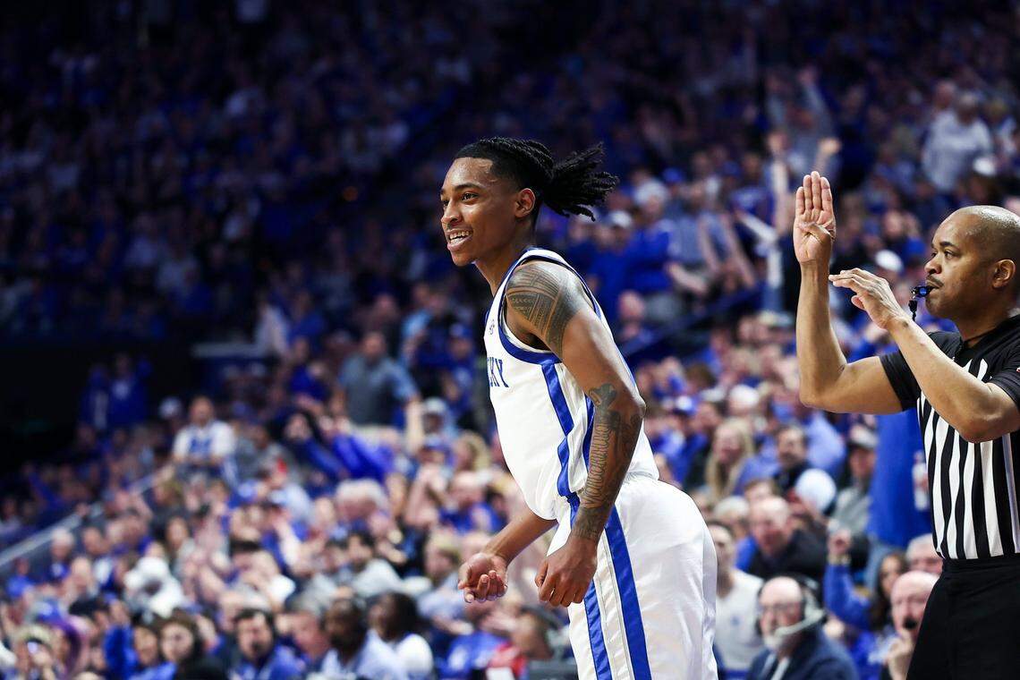 Kentucky guard Rob Dillingham celebrates making a 3-pointer against Vanderbilt during Wednesday’s game at Rupp Arena.