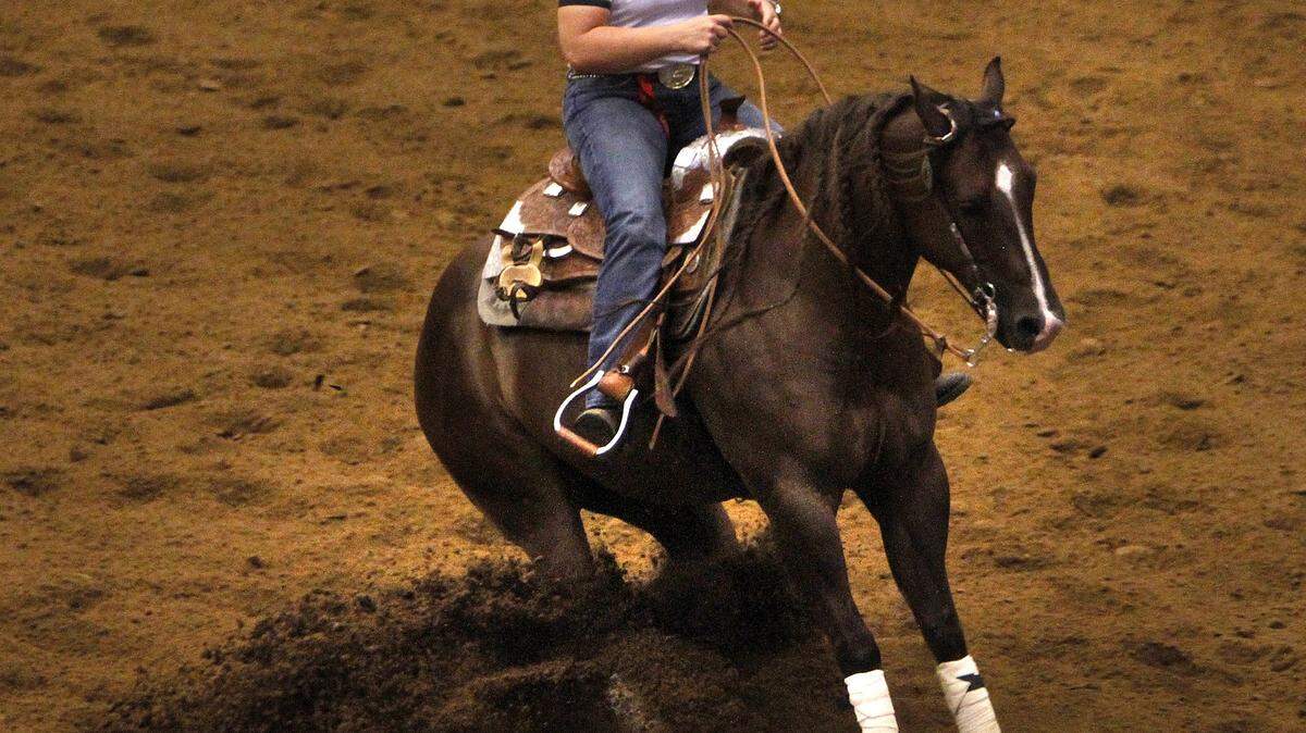 Annette Lau, Denmark, makes a sudden stop aboard Hollywood Fine during reining practice on Thursday, Sept. 23, 2010 at the Kentucky Horse Park in Lexington.  The reining event kicks off the FEI Alltech World Equestrian Games on Saturday, Sept. 25.  Photo by David Perry | Staff
