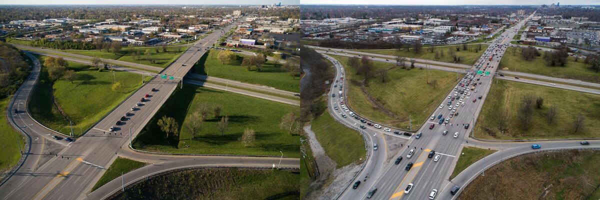 A composite image showing rush hour traffic at Nicholasville and New Circle Roads in Lexington, At left, is an image at 6:32 p.m. Thursday, April 2, 2020. At right is 5:35 p.m. Thursday, March 18, 2021.
