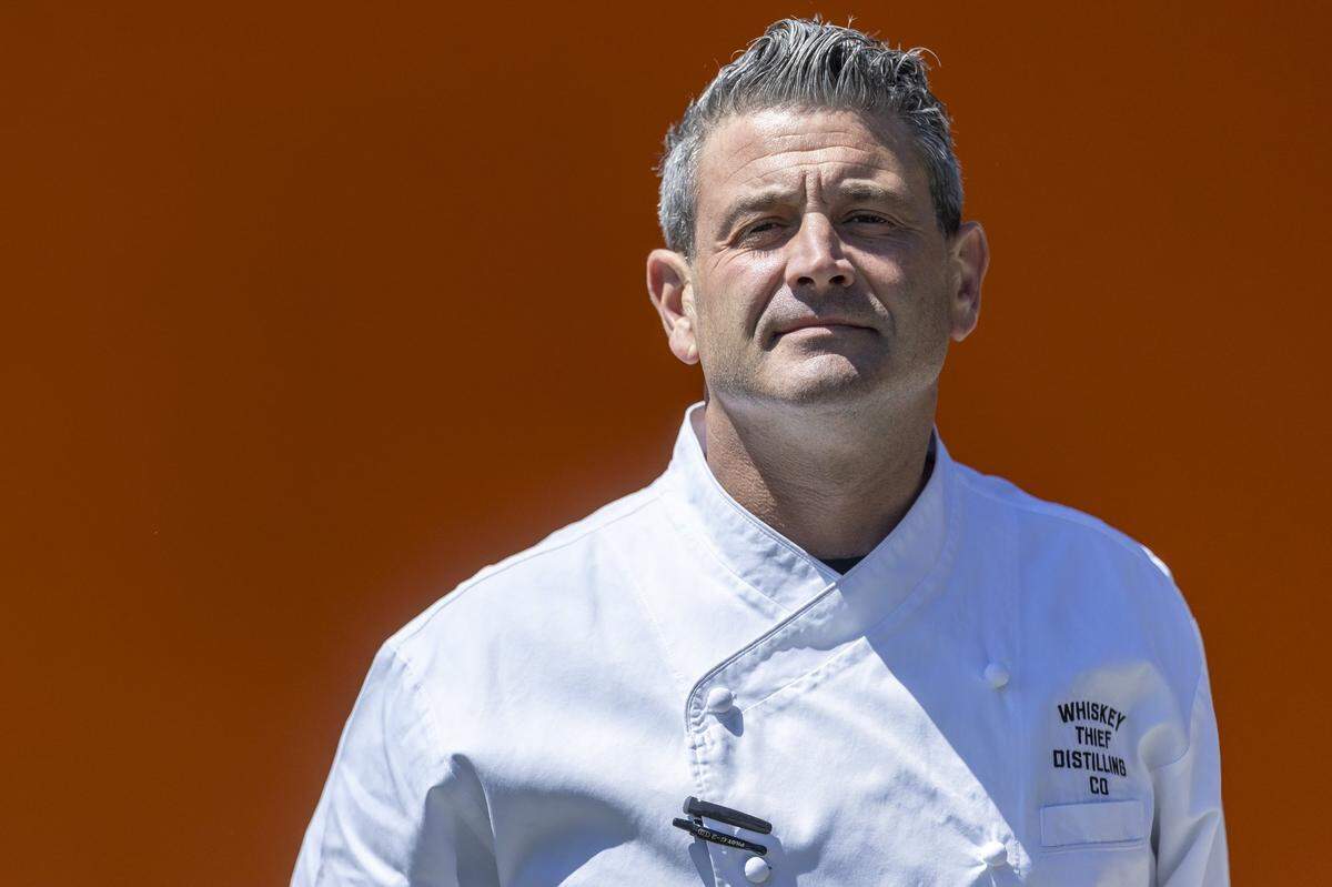 Steve Atkins, chef and head of food development, is photographed outside the food truck at Whiskey Thief Distilling Co. in Frankfort, Ky., on Thursday, May 7, 2026.