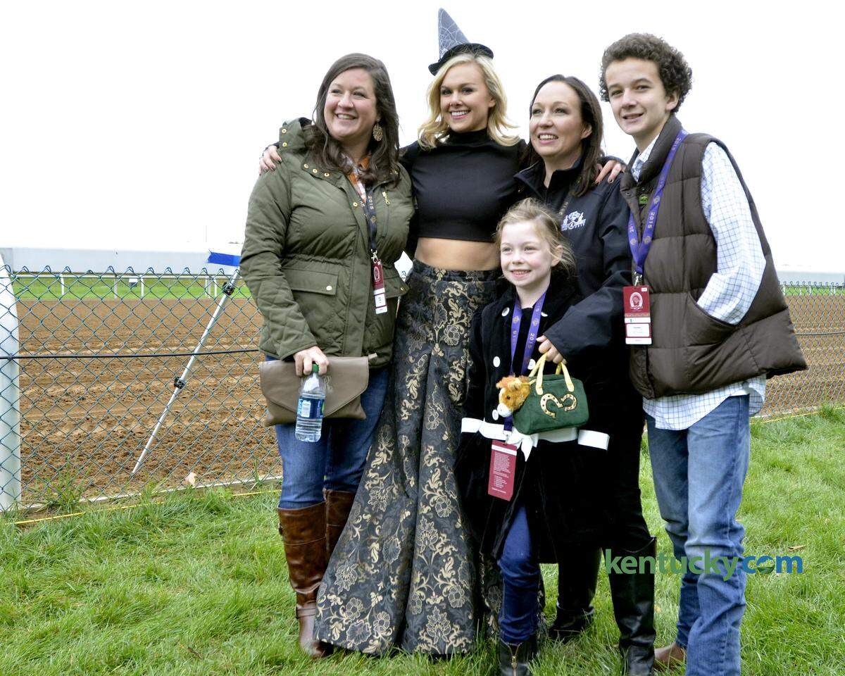 Celebs will be there: One of the pluses of having Breeders’ Cup in Lexington for actress Laura Bell Bundy (second from left) was seeing old friends like former Lexington Catholic classmates Nicole Jacob (right) and Molly Dunigan (second from right). They are with their kids Parker Dunigan (lower) and Harrison Jacob (right). The second day of the 2015 Breeders’ Cup was Oct. 31, 2015, at Keeneland Race Track in Lexington, Kentucky.