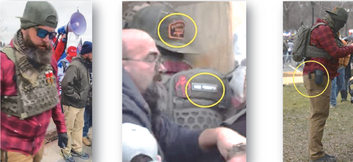 According to the FBI, the photo at left shows Benjamin Cole of Kentucky at the U.S. Capitol during the riot on Jan. 6, 2021. The photo in the middle is of a patch on his clothes.