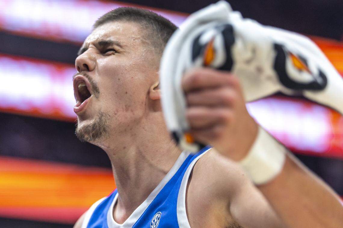 Kerr Kriisa cheers on his team during Kentucky’s overtime victory over Gonzaga last weekend in Seattle.