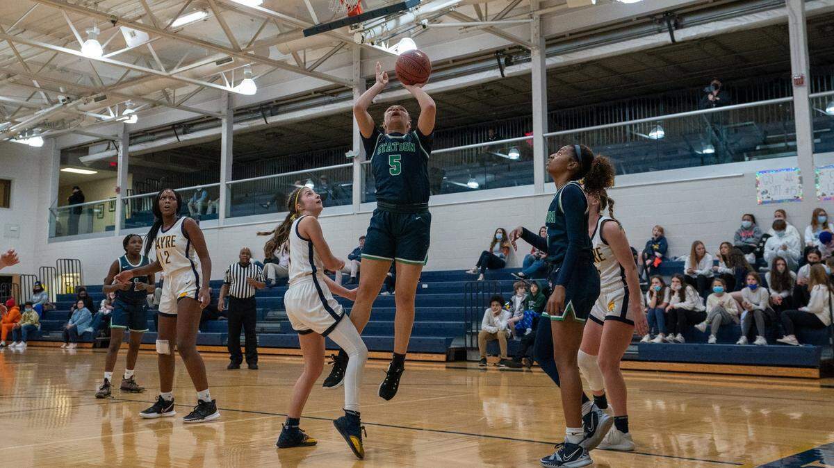Bryan Station’s Victory Sledge (5) put up a shot in the Defenders’ 42-40 regular-season win over Sayre on Jan. 25. Sledge led Bryan Station with 16 points in their 57-50 comeback win over the Spartans in Wednesday’s 42nd District Tournament.