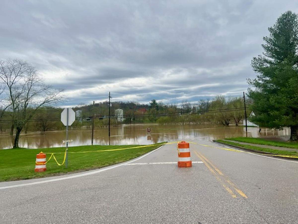 Floodwaters rise Saturday, April 5, 2025, in Falmouth. Pendleton County officials issued an emergency evacuation order for Falmouth and Butler, and several access points to the cities were shut off Sunday.