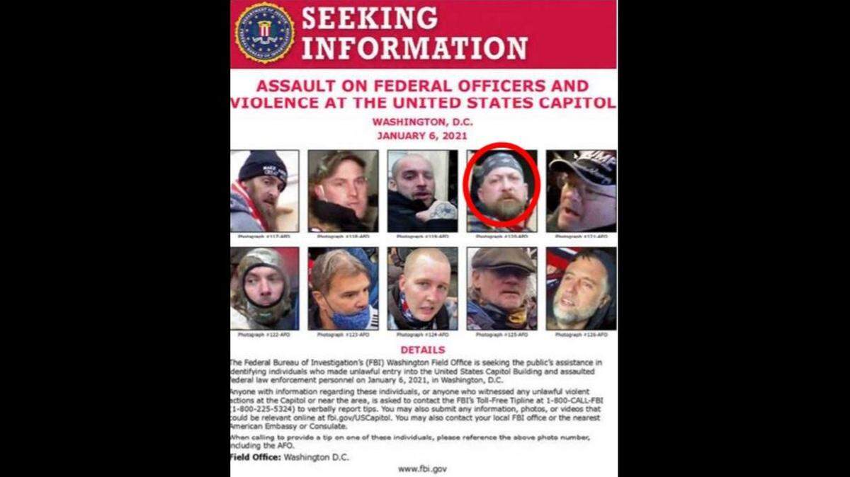 Peter Schwartz is accused of spraying mace at cops during the Capitol riot on Jan. 6, 2021, according to the FBI. Anonymous sources were able to identify Schwartz using this poster, according to the FBI.