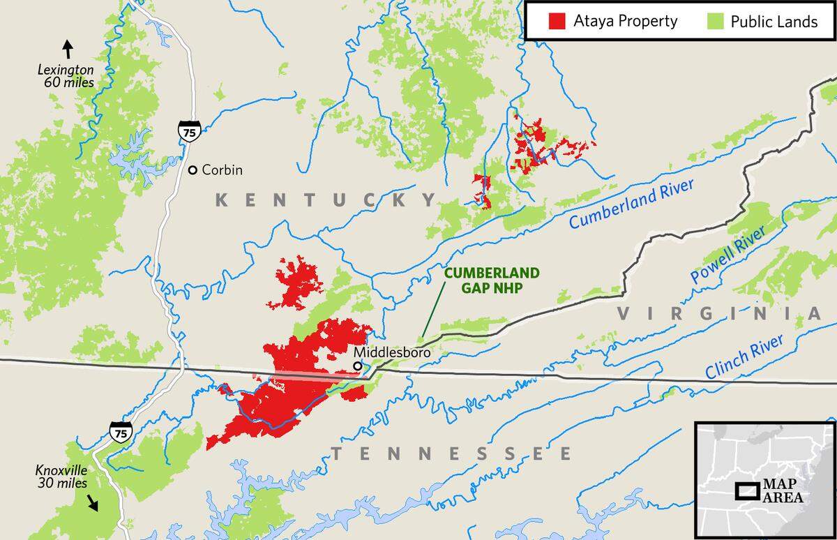 The Nature Conservancy announced in April 2019 that it had arranged the purchase of 100,000 acres in Kentucky and Tennessee that it plans to manage for sustainable forestry and other conservation uses. The areas in red are the property, called Ataya, and the green areas are public lands.