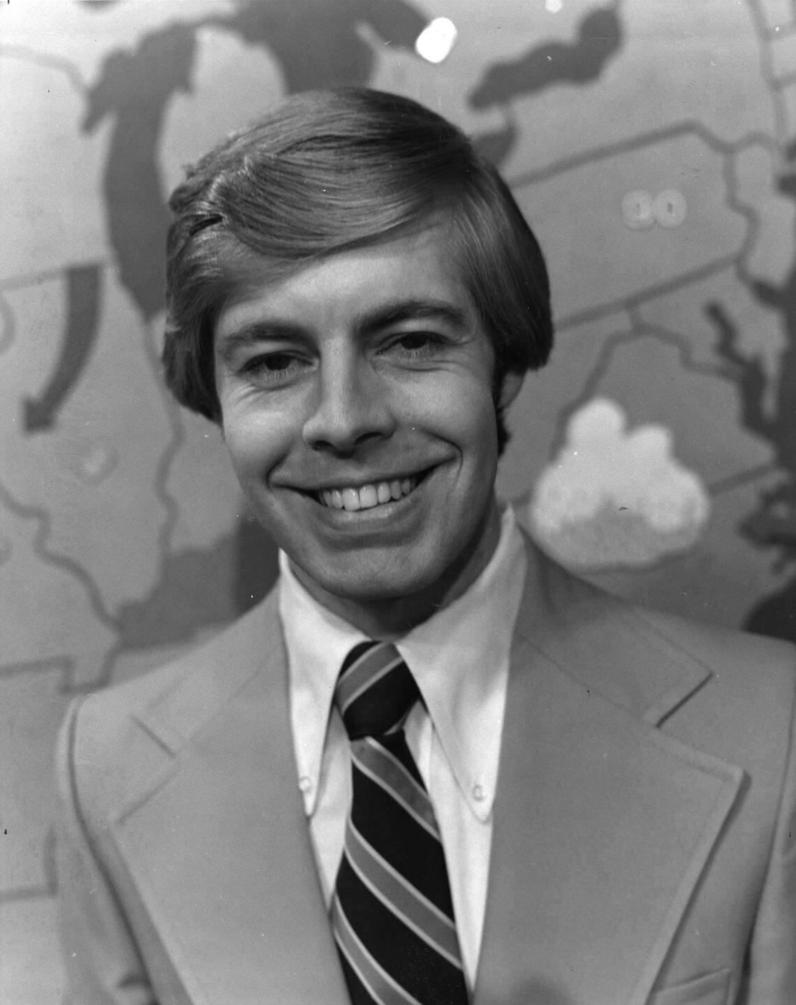 Meteorologist Brad James in 1979 while at WKYT. The popular local TV personality spent most of his weather career at WTVQ ABC-36. Retiring in 2008, James was known for a calm weather voice but also a sense of humor on and off the air. He would have prank weather segments on April Fools' Days. And one time he blew up a surplus computer live on the air, shortly after telling the audience it was a newly designed piece of forecasting equipment that would predict the weather a year in advance.