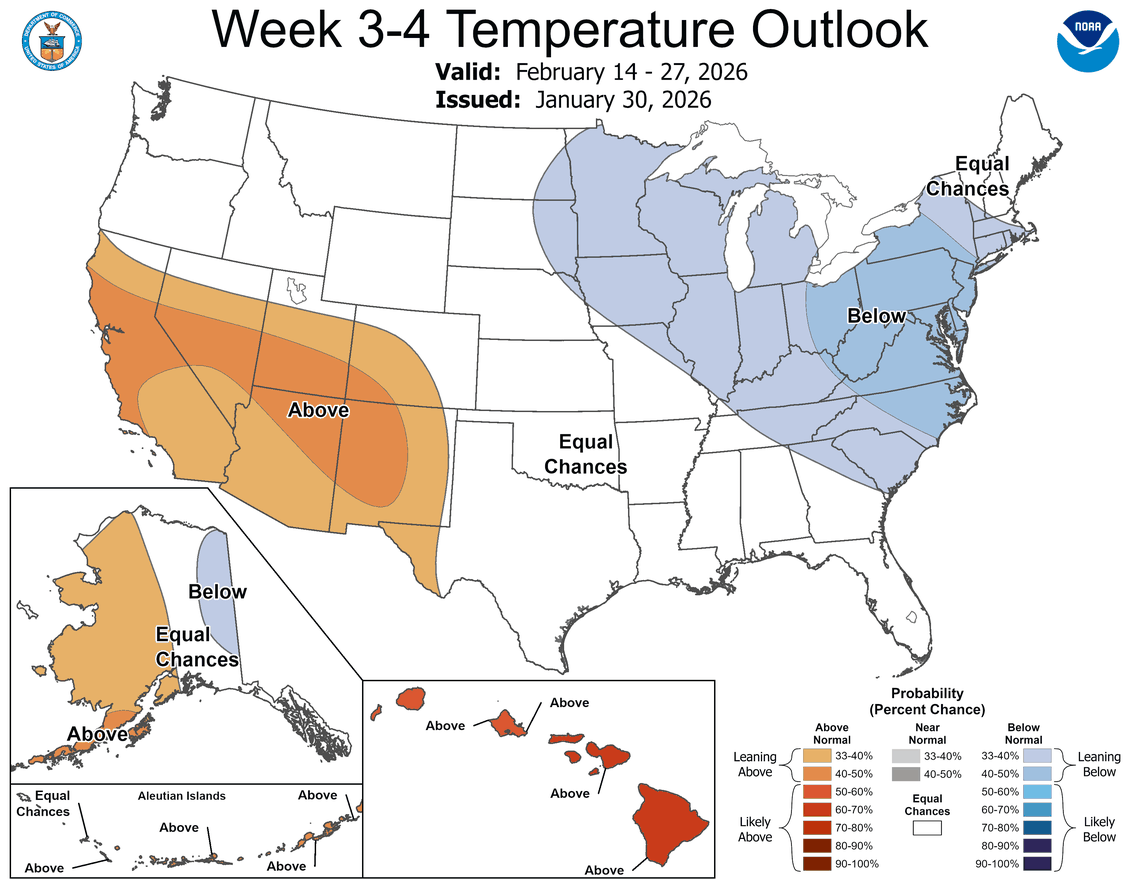 A Climate Prediction Center outlook for Feb. 14-27 shows Kentucky is leaning toward below normal temperatures for the time period.