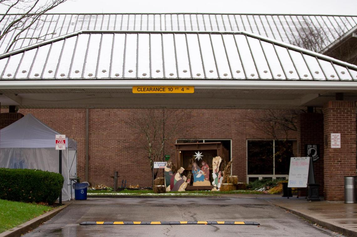 A testing tent for the coronavirus is set up outside the entrance to the state-run Thomson-Hood Veterans Center in Wilmore, Ky., Monday, November 30, 2020.