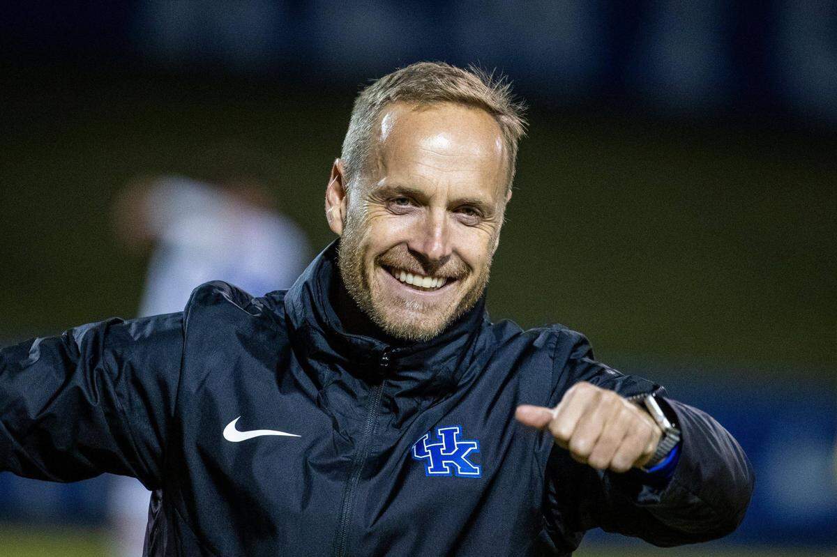 UK Head coach Johan Cedergren as UK defeated Loyola Chicago 2-1 in overtime in the first round of the NCAA Tournament soccer match at the Bell on Thursday Nov. 21, 2019 in Lexington, Ky.