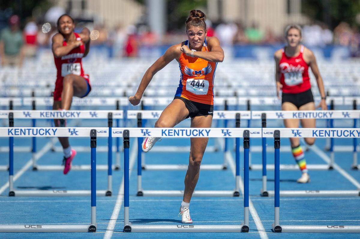 Then Marshall County star Sophie Galloway pulled away from the field while winning the 100-meter hurdles in the 2021 Kentucky Class 3A state track and field championships in a time of 14.10 seconds.