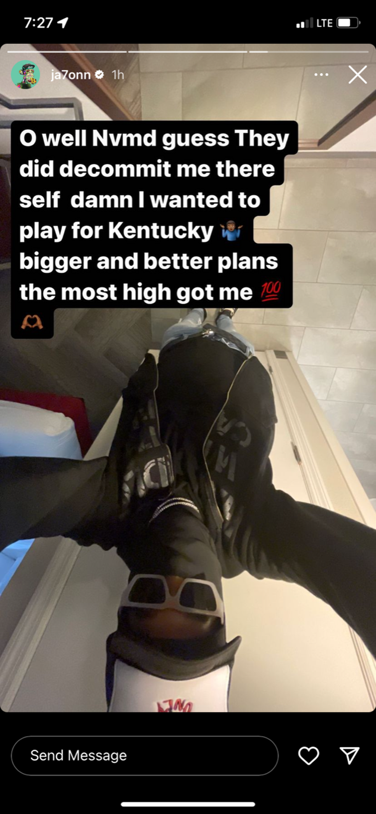 A screenshot from Javon Baker’s Instagram story, in which he acknowledges that UK has opted not to accept his transfer from Alabama.