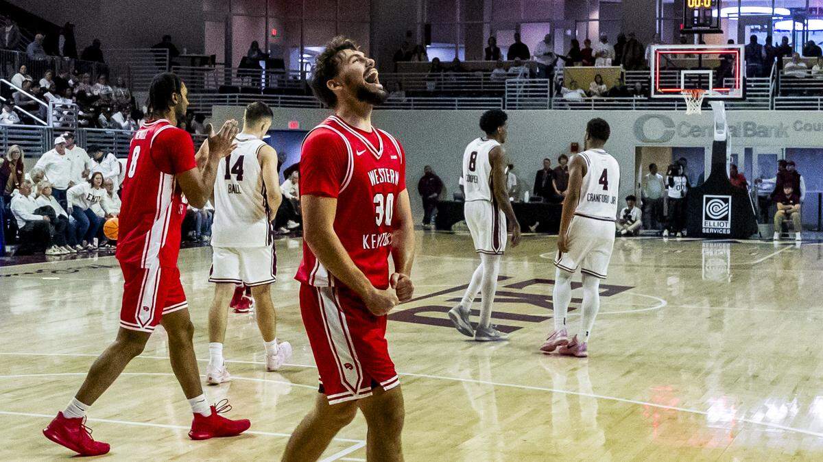 Western Kentucky guard Teagan Moore (30) celebrates after the Hilltoppers beat Eastern Kentucky, 87-79, on Monday, Nov. 10, 2025, at Baptist Health Arena at Alumni Coliseum in Richmond, Ky. 