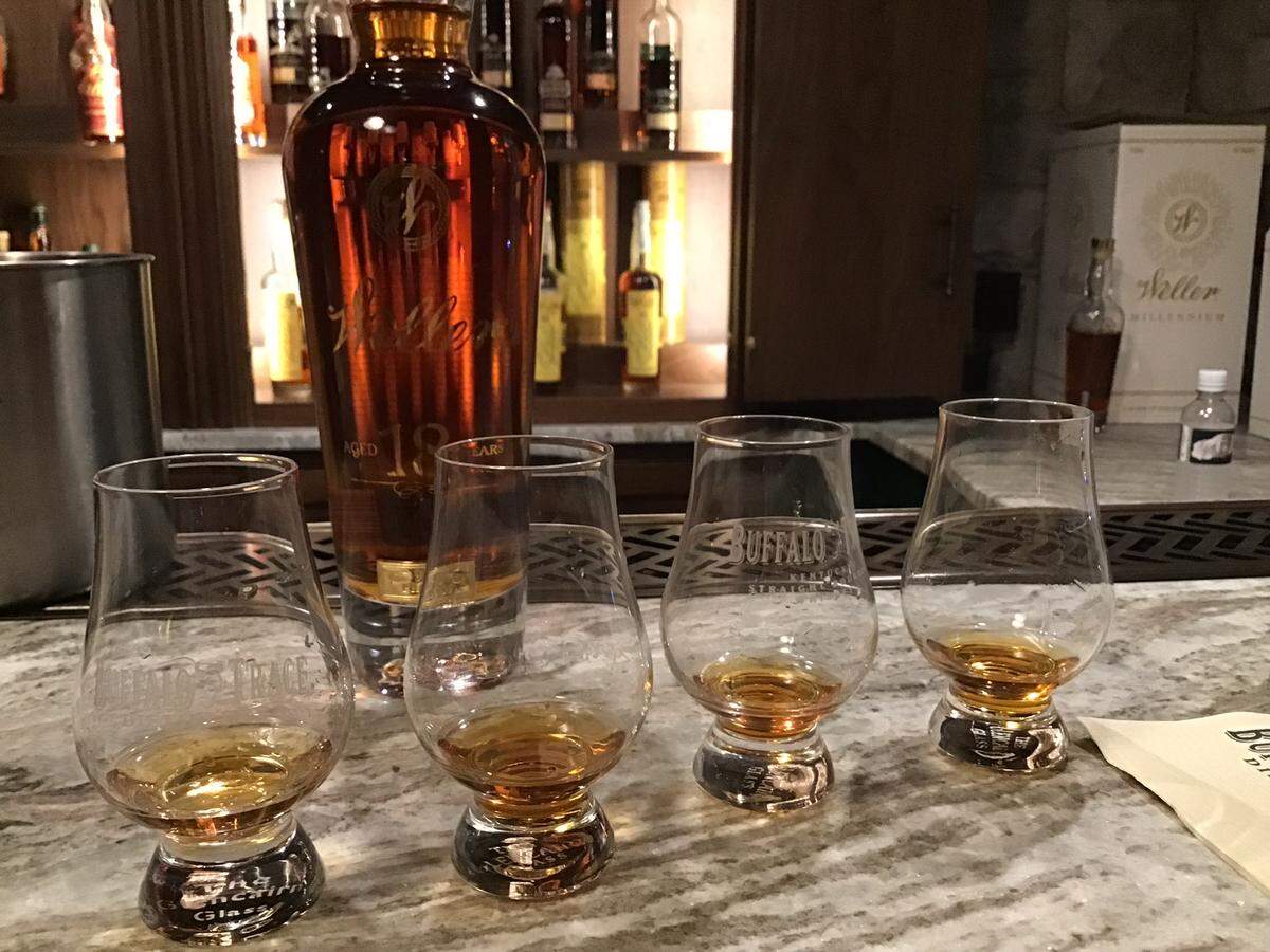 A lineup of the Weller whiskeys the Herald-Leader’s Janet Patton and other journalists sampled at Buffalo Trace Distillery. From left: Weller Special Reserve, Weller 12, Weller 18 and Weller Millennium No. 2.
