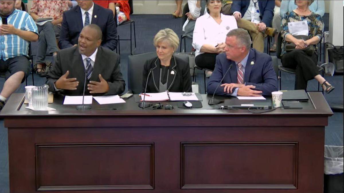 Lexington teacher Delvin Azofeifa, left, state Rep. Jennifer Henson Decker, R-Waddy, and state Rep. Matt Lockett, R-Nicholasville, spoke Tuesday at the Interim Joint Committee on Education about efforts to ban critical race theory in Kentucky schools.
