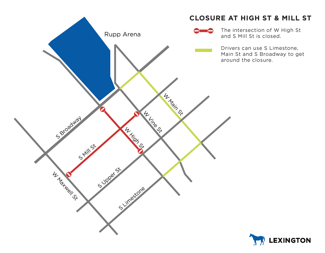 The intersection of W. High Street and S. Mill Street will be closed for several hours on March 11, 2026 due to an emergency gas main repair.