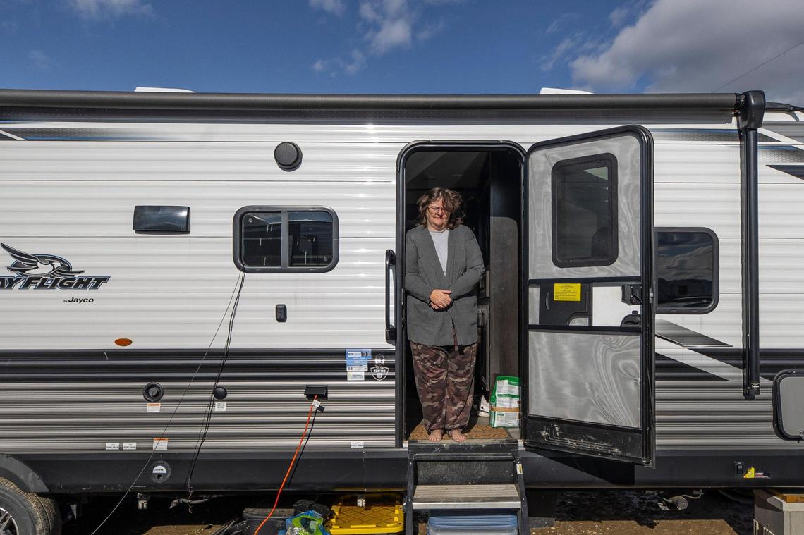 Karen Mosley lives in a trailer provided by the state at Mine Made Adventure Park in Leburn, Ky. Jacobs’s home was damaged by flooding last summer.
