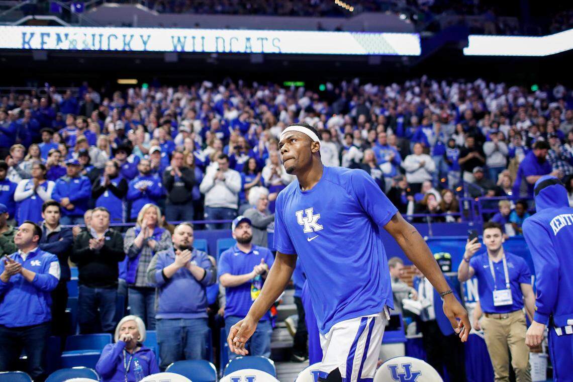 Kentucky’s Oscar Tshiebwe runs onto the court before facing Florida during a game at Rupp Arena on Feb. 4.